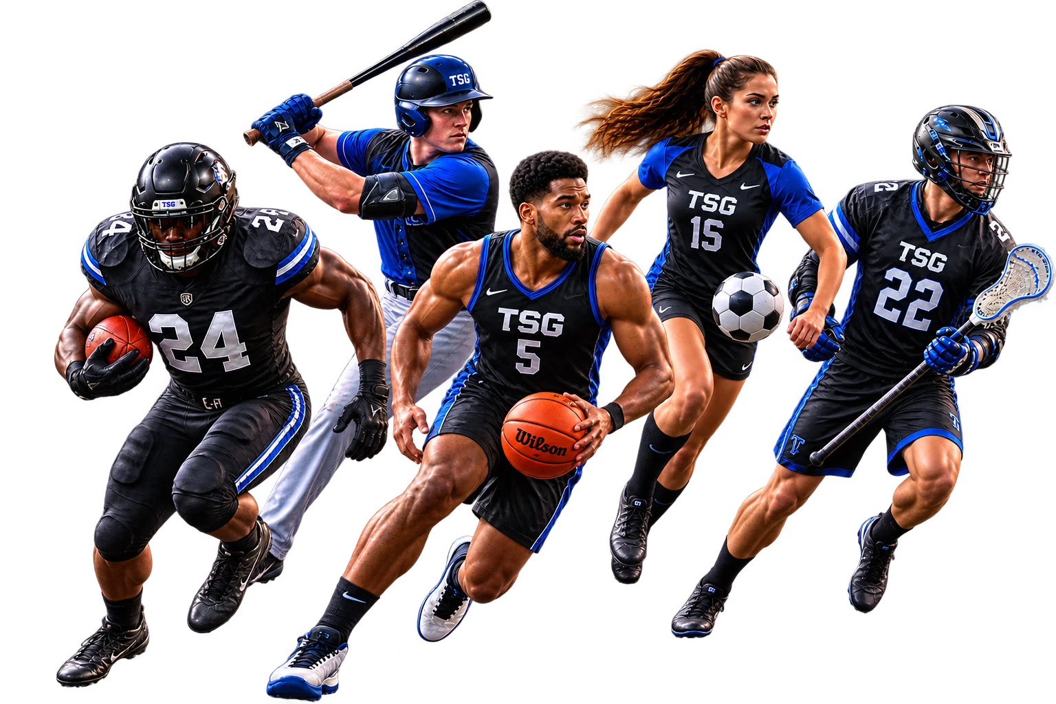 Multi-sport athletes surrounded by blue and orange fire